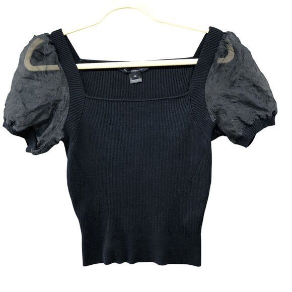 French Connection Ribbed Puff Sleeve Square Neck Top Womens XS Navy Blue Sweater - Picture 1 of 10